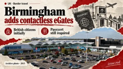 Editorial collage of Birmingham Airport archive photograph with charcoal passport and gate drawings