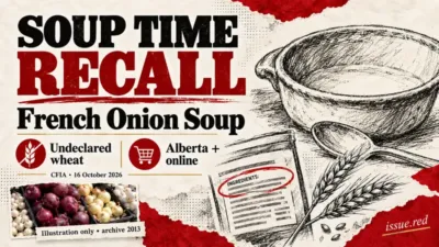 Soup Time French Onion Soup recall for undeclared wheat,Alberta andonline. Onions are an illustration,not the recalled product.