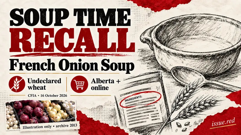Soup Time French Onion Soup recall for undeclared wheat,Alberta andonline. Onions are an illustration,not the recalled product.