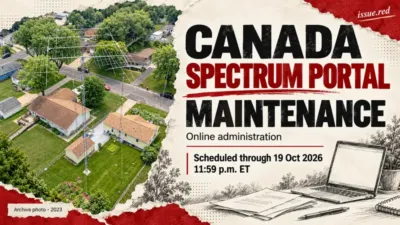 Editorial collage about Canadian spectrum portal maintenance, using an archival amateur-radio antenna photo and a symbolic laptop drawing.