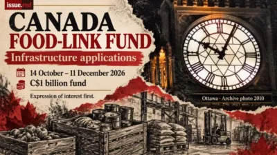 Editorial collage about Canada’s Food-Link Fund with an archival Parliament Hill clock photograph