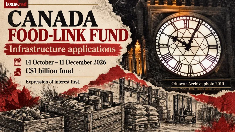 Editorial collage about Canada’s Food-Link Fund with an archival Parliament Hill clock photograph