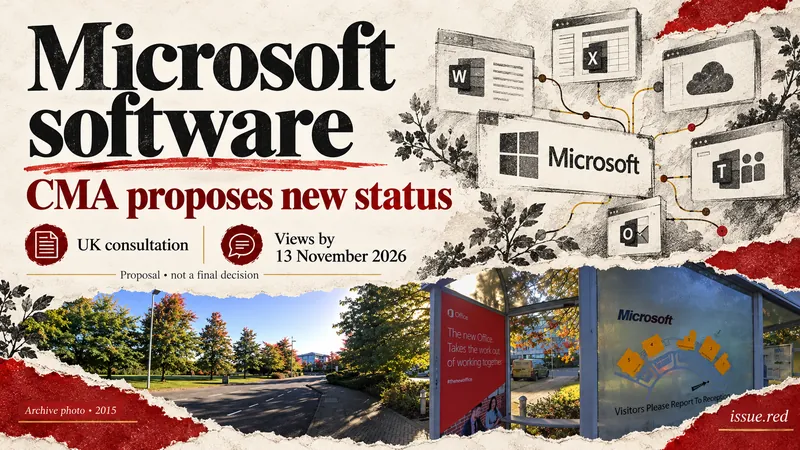 Editorial collage using an archive photograph of the Microsoft UK campus in Reading, September2015, with consultation details.