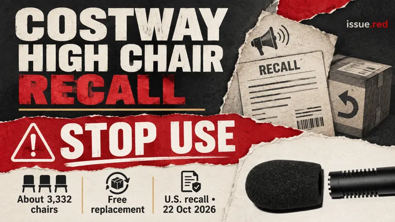 Symbolic recall notice collage with an archival microphone and charcoal paperwork, without a product illustration