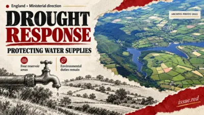Editorial collage featuring a 2022 aerial photograph of Wimbleball Lake and illustrative water infrastructure drawings