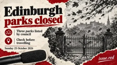 Editorial collage with an archival microphone and symbolic closed park gate, marking Edinburgh park closures on 25 October 2026