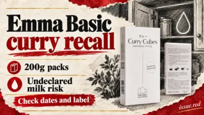 Editorial collage using the product photograph from the official Emma Basic recall notice, showing the pale curry cubes box and an undeclared milk warning
