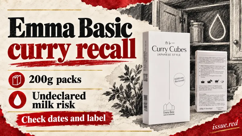 Editorial collage using the product photograph from the official Emma Basic recall notice, showing the pale curry cubes box and an undeclared milk warning