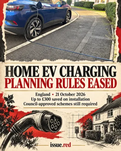 Editorial collage using a Department for Transport photograph of a car charging through a cross-pavement channel, with drawn plug and house elements