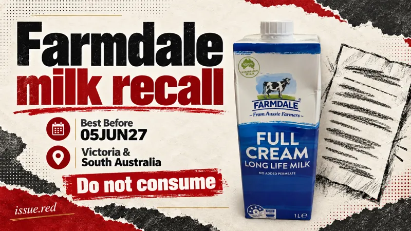 Editorial collage using the FSANZ recall photograph of the Farmdale 1L blue and white carton, with the affected best-before date 05JUN27