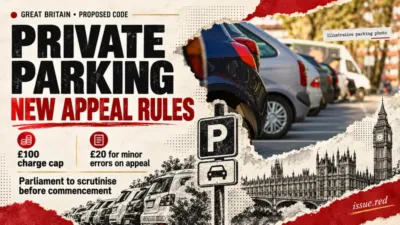 Editorial collage of real parked cars with charcoal illustrations and the proposed parking appeal limits