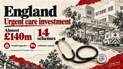 Editorial collage about almost140million pounds for14urgent care schemes in England, with archive stethoscope and charcoal hospital drawing.