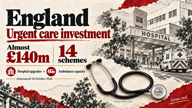 Editorial collage about almost140million pounds for14urgent care schemes in England, with archive stethoscope and charcoal hospital drawing.