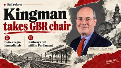 Editorial collage combining the official portrait of Sir John Kingman with drawn railway tracks and verified appointment details.