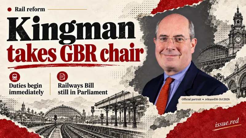 Editorial collage combining the official portrait of Sir John Kingman with drawn railway tracks and verified appointment details.