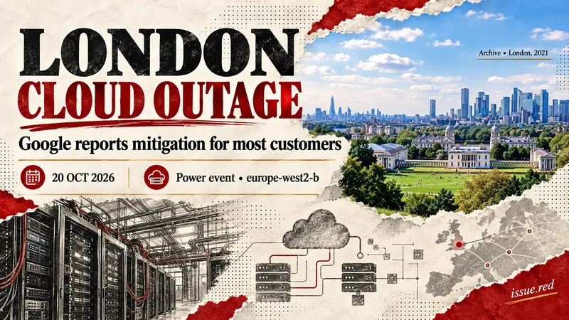 Editorial collage of an archive London skyline photograph with illustrative charcoal servers and network cables