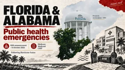 Editorial collage about Florida and Alabama health emergencies with a labelled archival Pensacola photograph