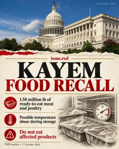 Editorial collage using an archive US Capitol photograph with generic drawings of food trays and a refrigerator thermometer