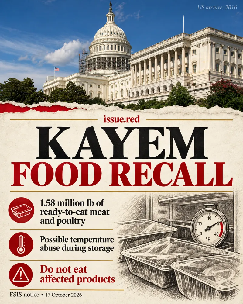Editorial collage using an archive US Capitol photograph with generic drawings of food trays and a refrigerator thermometer