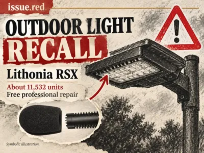 Symbolic outdoor light and warning drawing with an archival microphone photo and recall headline