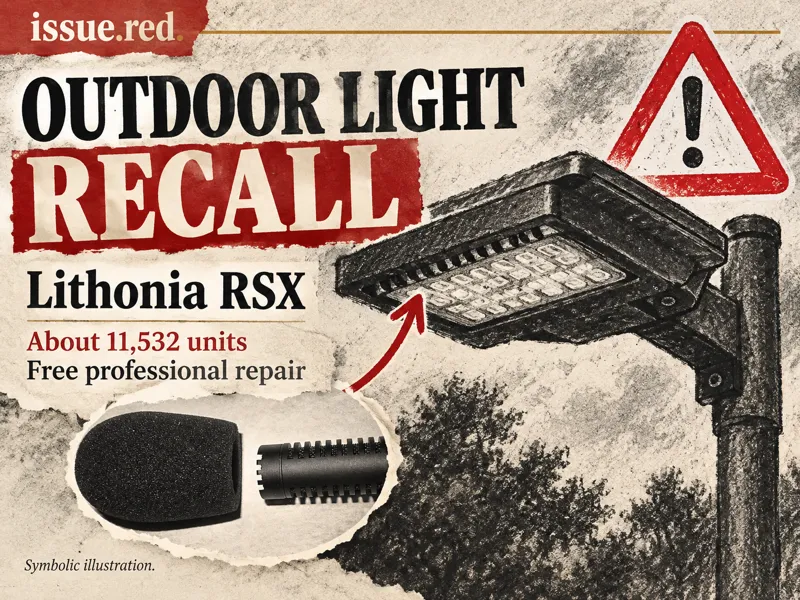 Symbolic outdoor light and warning drawing with an archival microphone photo and recall headline