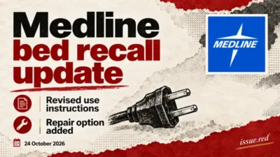 Editorial graphic using the supplied Medline logo with a symbolic disconnected plug drawing, announcing revised instructions and a repair option; no actual bed is pictured