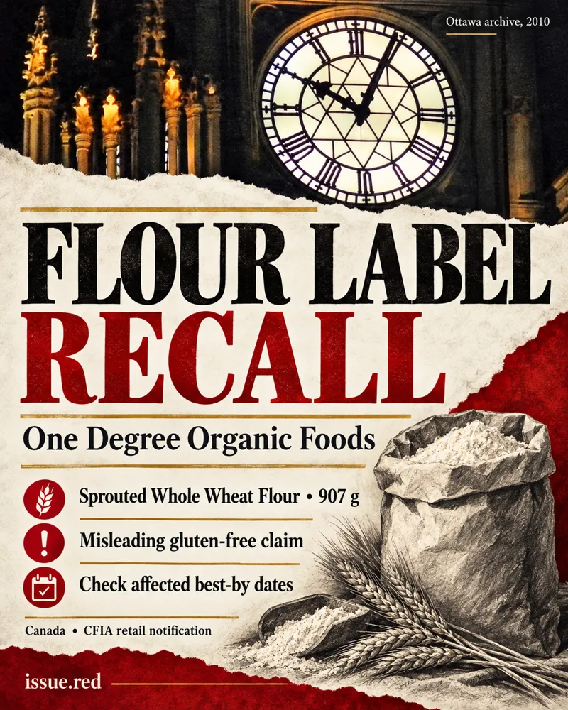 Editorial collage with an archive photograph of Parliament Hill’s clock in Ottawa and drawings of a generic flour bag and wheat