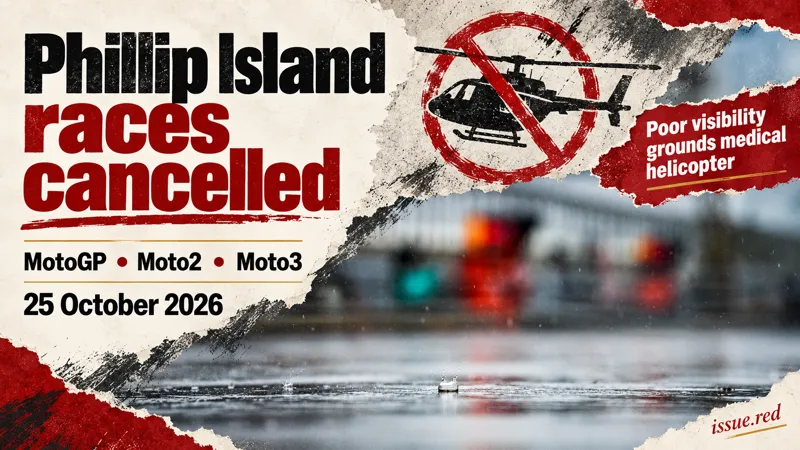 Editorial collage using the supplied MotoGP photograph of rain on wet asphalt, with a symbolic helicopter drawing and a race cancellation headline