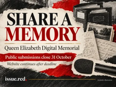 Archival microphone photograph with symbolic handwritten pages and digital archive drawings