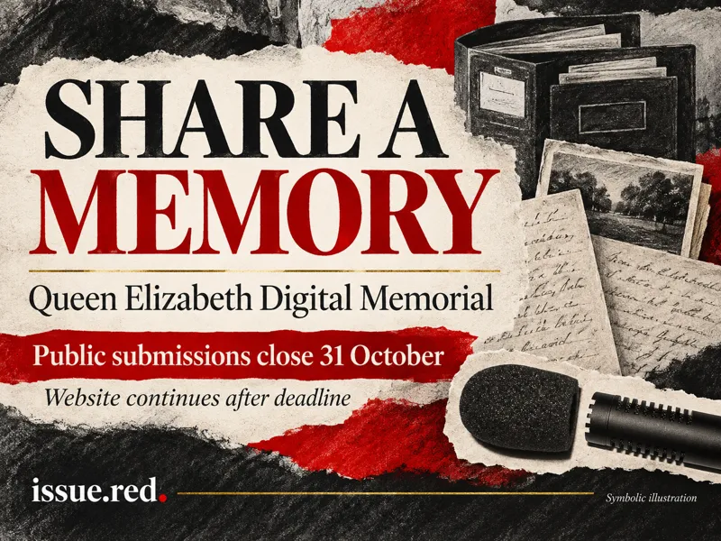 Archival microphone photograph with symbolic handwritten pages and digital archive drawings