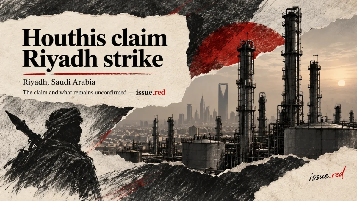Editorial collage of refinery silhouettes and energy infrastructure with a headline about an attributed strike claim