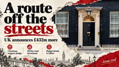 Editorial collage using a file photograph of Number10 Downing Street, with funding and Christmas pledge details
