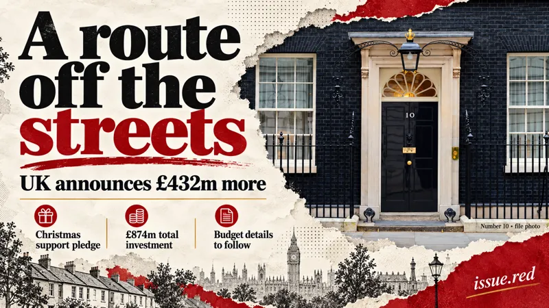 Editorial collage using a file photograph of Number10 Downing Street, with funding and Christmas pledge details