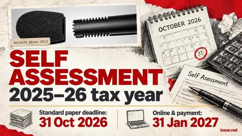 Symbolic calendar and tax paperwork drawn in charcoal with a small archival microphone photograph