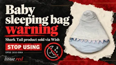 Editorial collage using the OPSS product photograph of the white and light blue hooded Shark Tail baby sleeping bag, with a stop-use warning