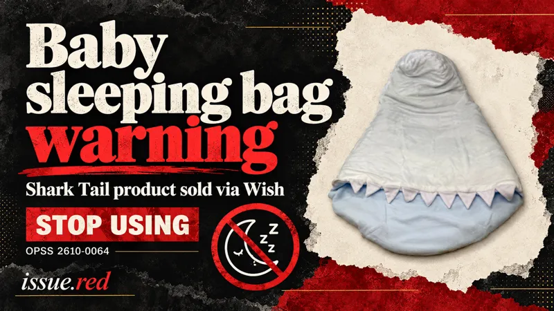 Editorial collage using the OPSS product photograph of the white and light blue hooded Shark Tail baby sleeping bag, with a stop-use warning
