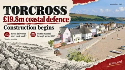 Torcross coastal defence editorial collage with a labelled 2002 village photograph