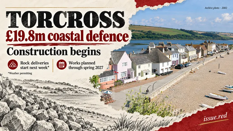 Torcross coastal defence editorial collage with a labelled 2002 village photograph