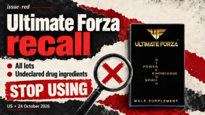 Editorial collage using the Ultimate Forza product box photograph supplied in the FDA-hosted recall notice, with an all-lots stop-use warning