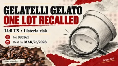 Editorial recall collage showing lot085261 and best-by MAR/26/2028, with generic archival coffee-bean photography.