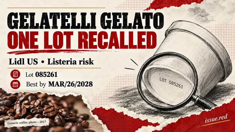 Editorial recall collage showing lot085261 and best-by MAR/26/2028, with generic archival coffee-bean photography.