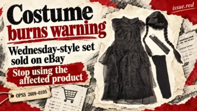 Editorial collage using the product photograph supplied in the OPSS report, showing a black costume and plaited wig, with a stop-use warning