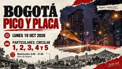 Collage con foto nocturna de archivo de Bogotá y aviso de placas particulares autorizadas para el 19 de octubre de 2026.