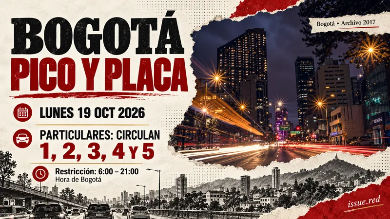 Collage con foto nocturna de archivo de Bogotá y aviso de placas particulares autorizadas para el 19 de octubre de 2026.