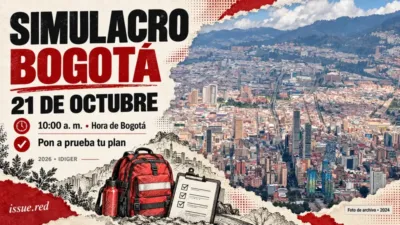 Collage editorial con una fotografía de archivo de Bogotá y dibujos ilustrativos de preparación ante emergencias