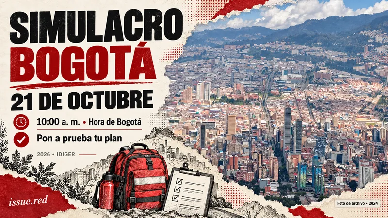 Collage editorial con una fotografía de archivo de Bogotá y dibujos ilustrativos de preparación ante emergencias