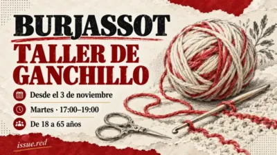 Ilustración de un ovillo, una aguja de ganchillo y unas tijeras, con las fechas y el horario del taller de Burjassot
