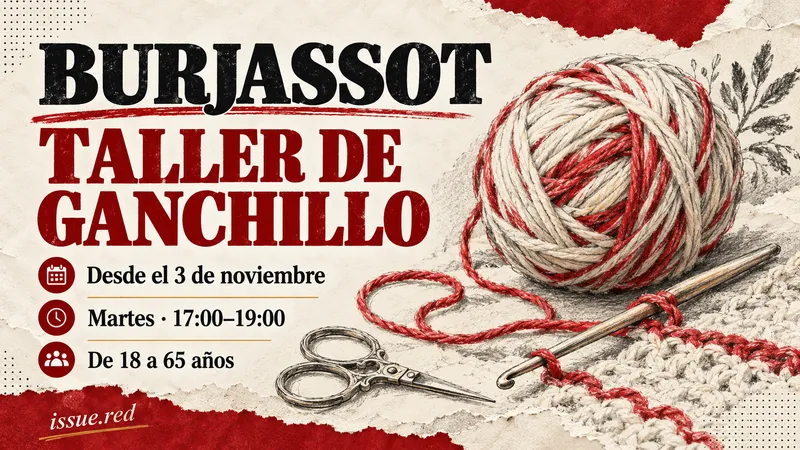 Ilustración de un ovillo, una aguja de ganchillo y unas tijeras, con las fechas y el horario del taller de Burjassot