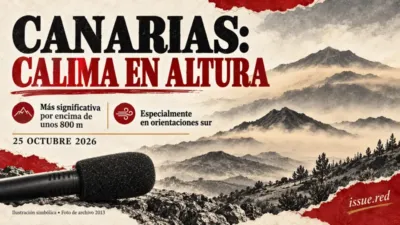 Collage con montañas dibujadas y calima simbólica, junto a una fotografía de archivo de un micrófono