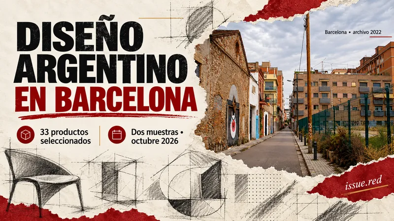 Collage editorial sobre diseño argentino en Barcelona:33 productos, dos muestras y foto urbana de archivo.
